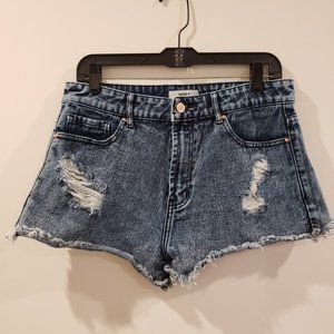 Forever 21 Stone Washed Jean Shorts Cutoffs Frayed Hem Distressed Size 31 W33”